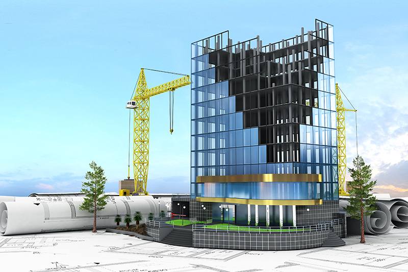 Abstract 3d of building development concept. Office building in process of construction.
