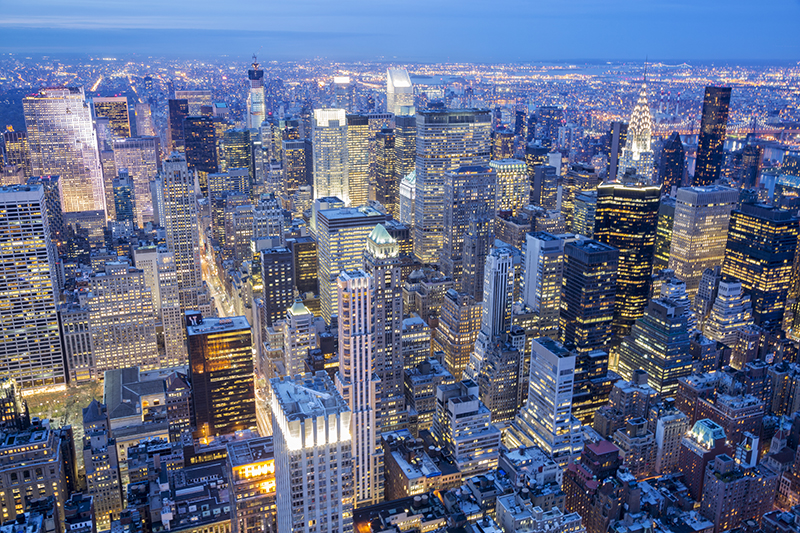 Midtown Manhattan skyline, New York City, illuminated buildings at night