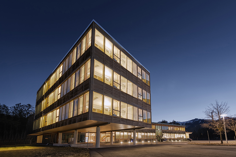 huge wooden timber sustainable office building at dawn