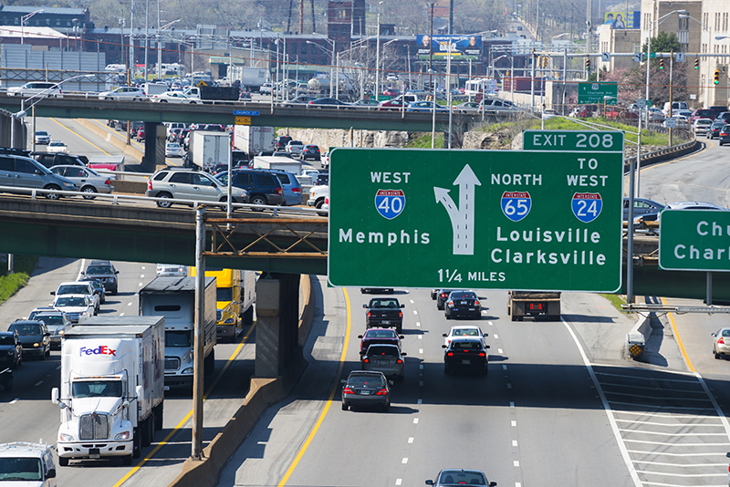 Nashville, TN, USA - April 5, 2013: Interstate traffic on I-40 westbound in downtown Nashville.