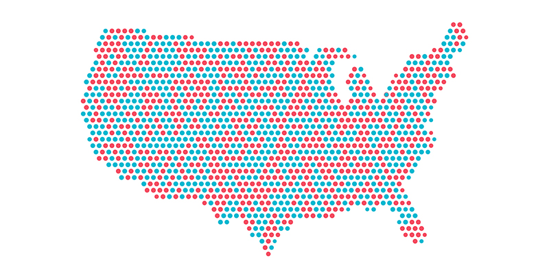 US map with red and blue dots