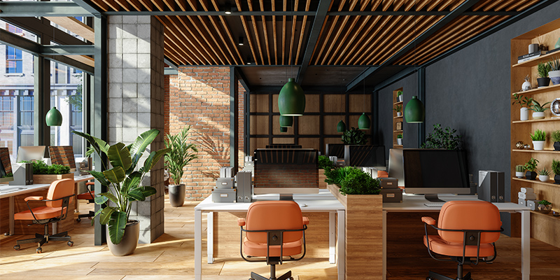 Modern office space with green plants